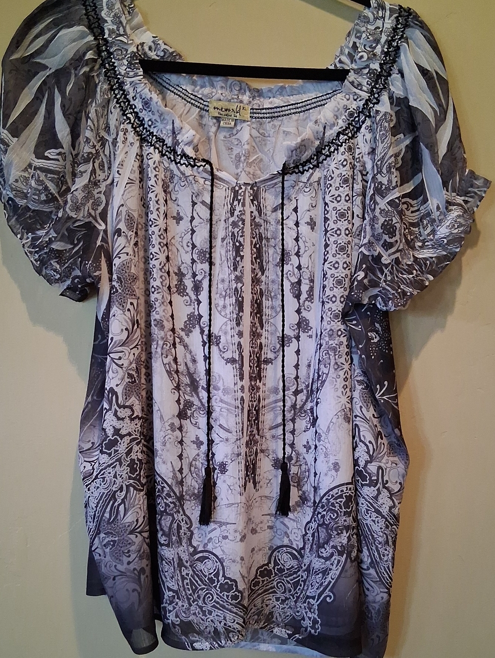 ONE WORLD Black and White Paisley Sheer Peasant Blouse with Tassel Tie
